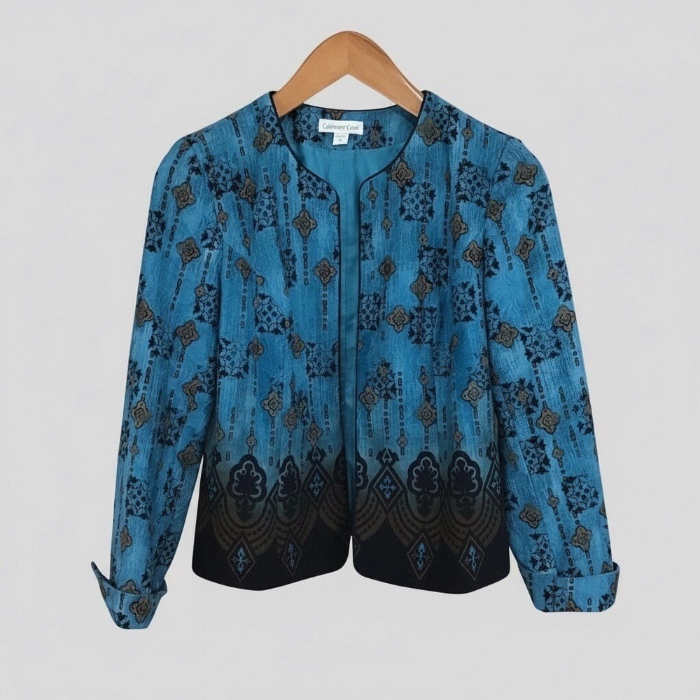 Coldwater Creek Blue Floral Print Collarless Open Front Jacket Women's Size 8